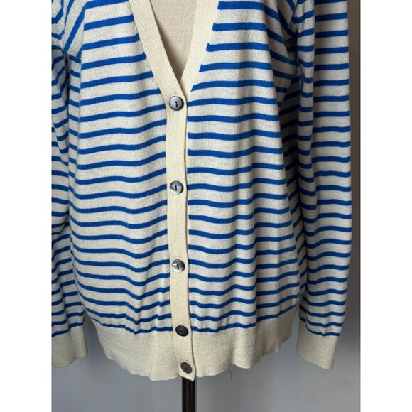 Ann Taylor Sweater Women Medium Blue White Striped Button Front Cardigan Preppy - Picture 7 of 11